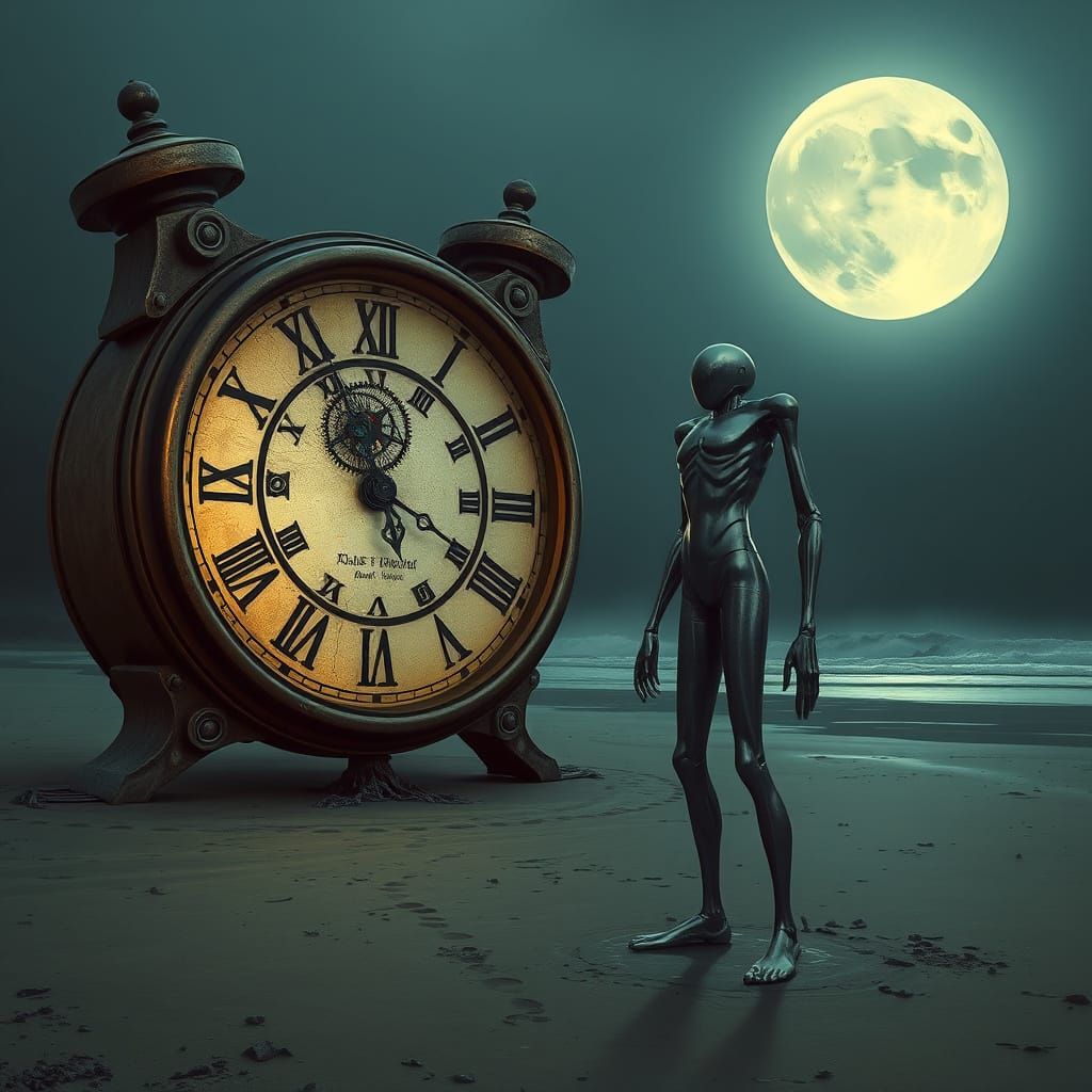 Biomechanical Figure Contemplates Time on Desolate Beach