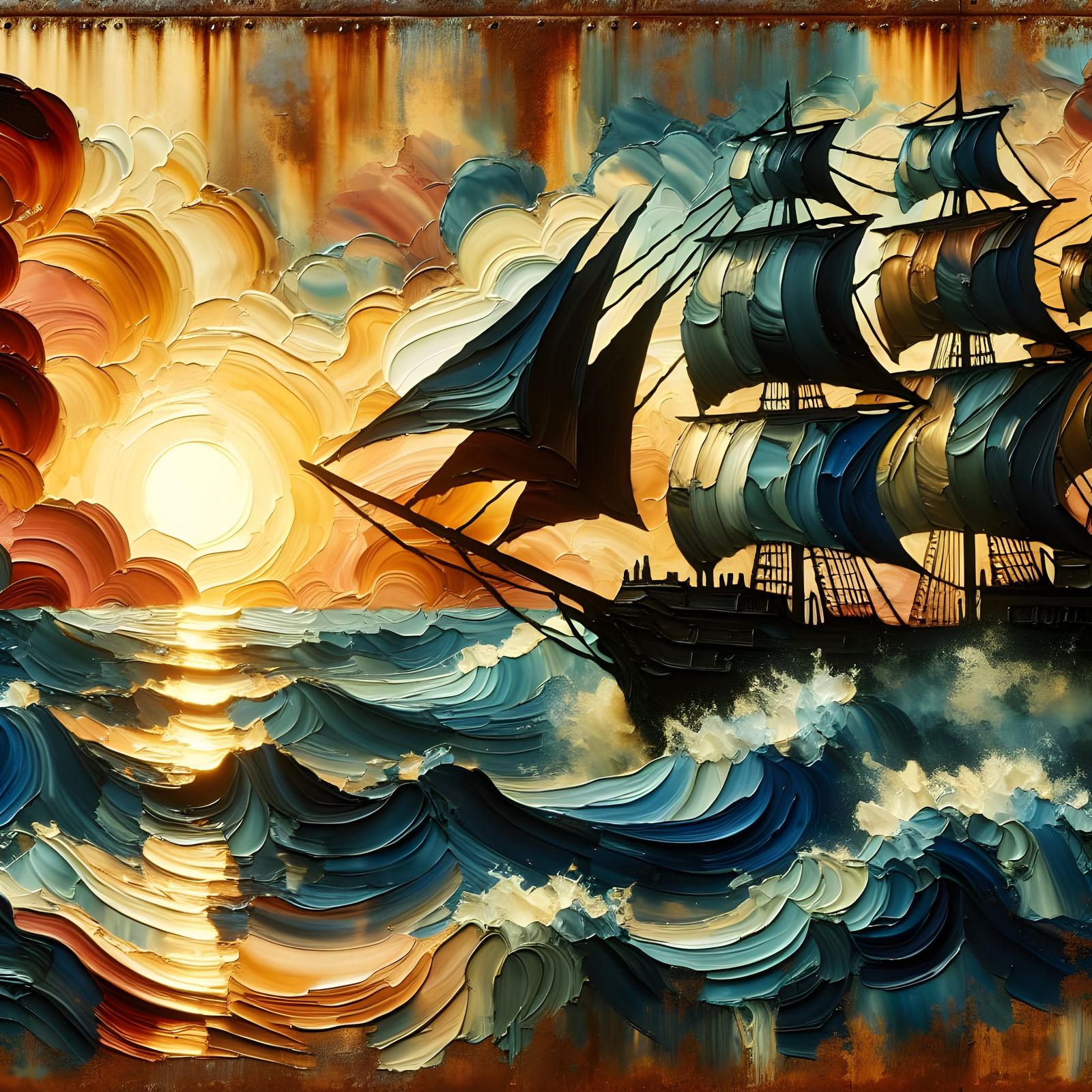 Pirate Ship Sunset on Rusty Train Car