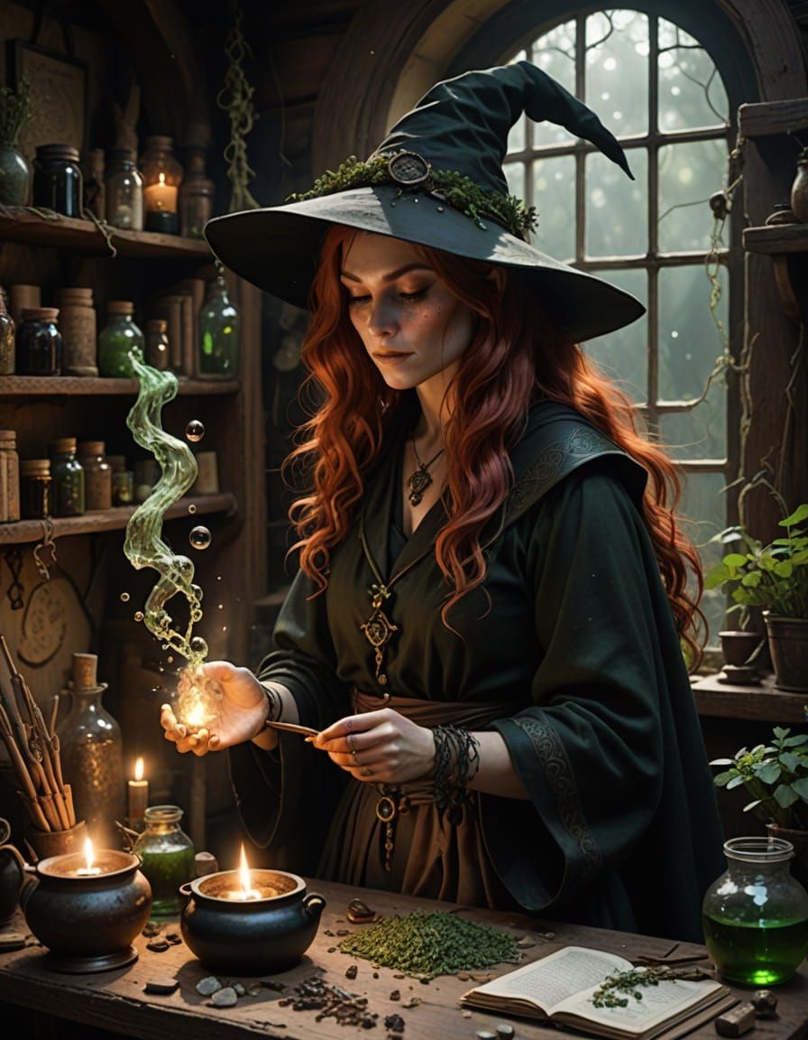 Enchanting Witch in Cottage with Cauldron