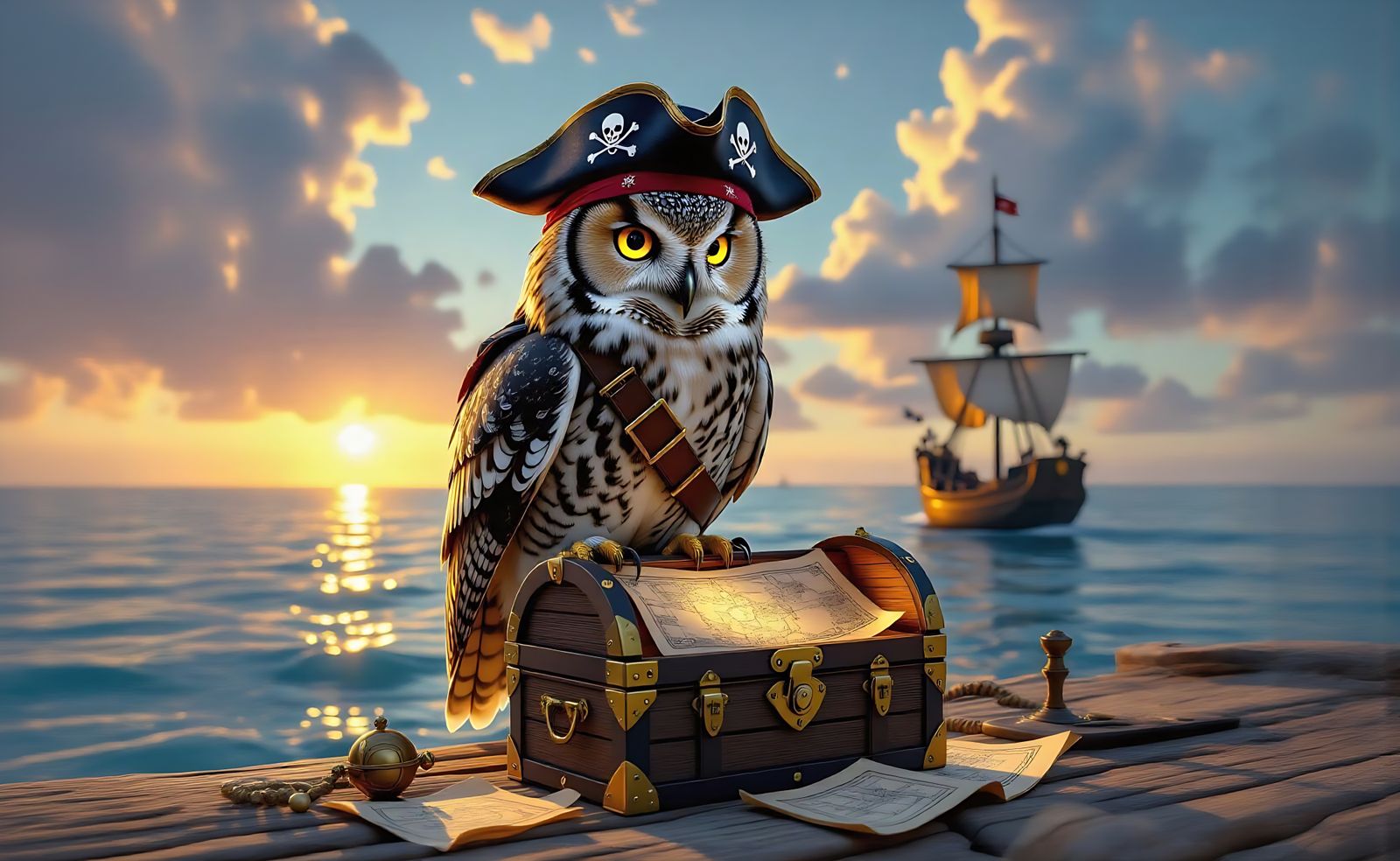 Wise Pirate Owl Gazing at Horizon in Renaissance Style