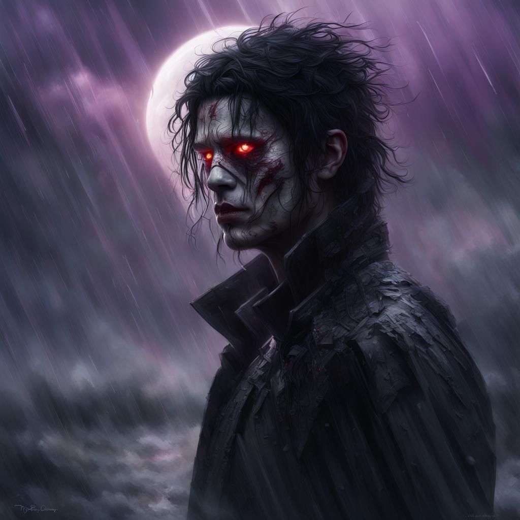 Sad Masked Figure in Rain with Purple Moon
