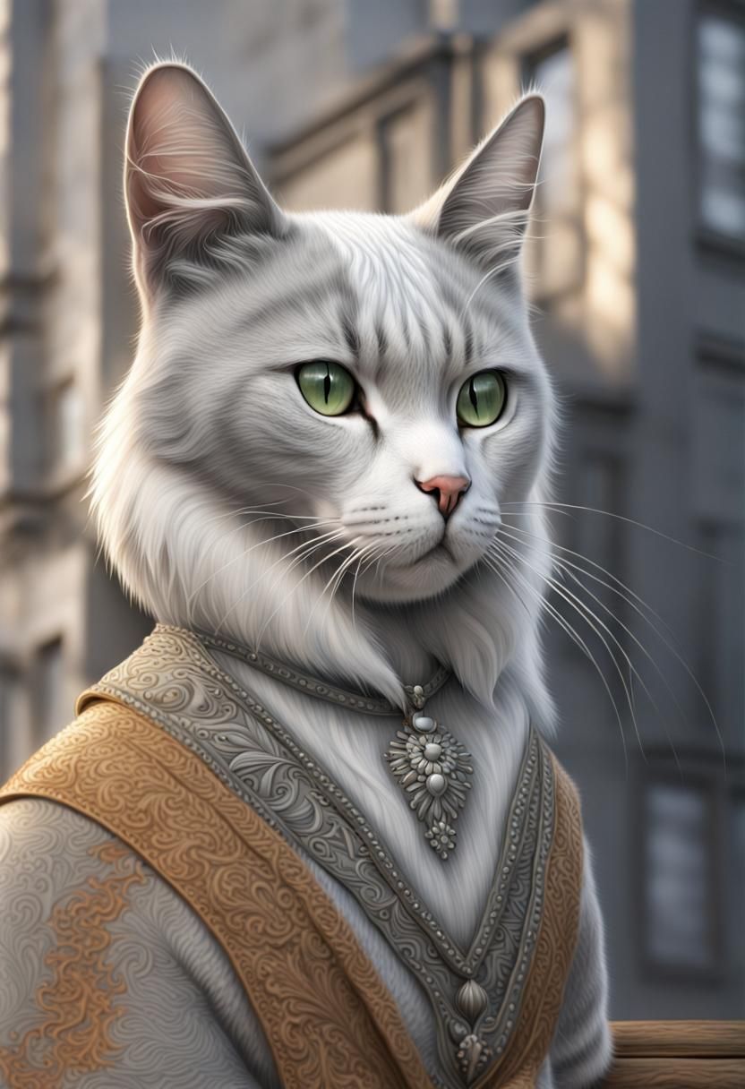 A gray and white cat. Amanda Sage photorealistic finalRender.