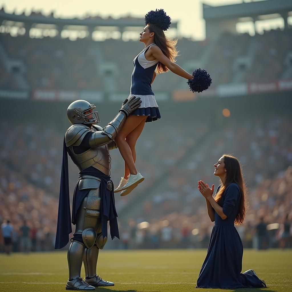 Cheerleader Lifted by Knight in Stadium, Matte Painting