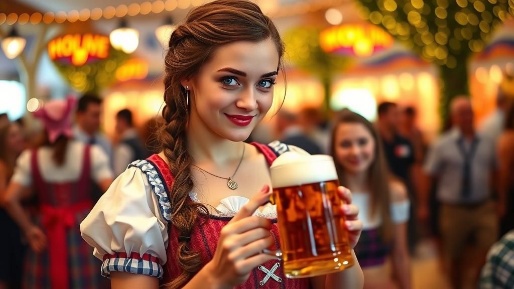 Oktoberfest Woman Pouring Beer in Traditional Style