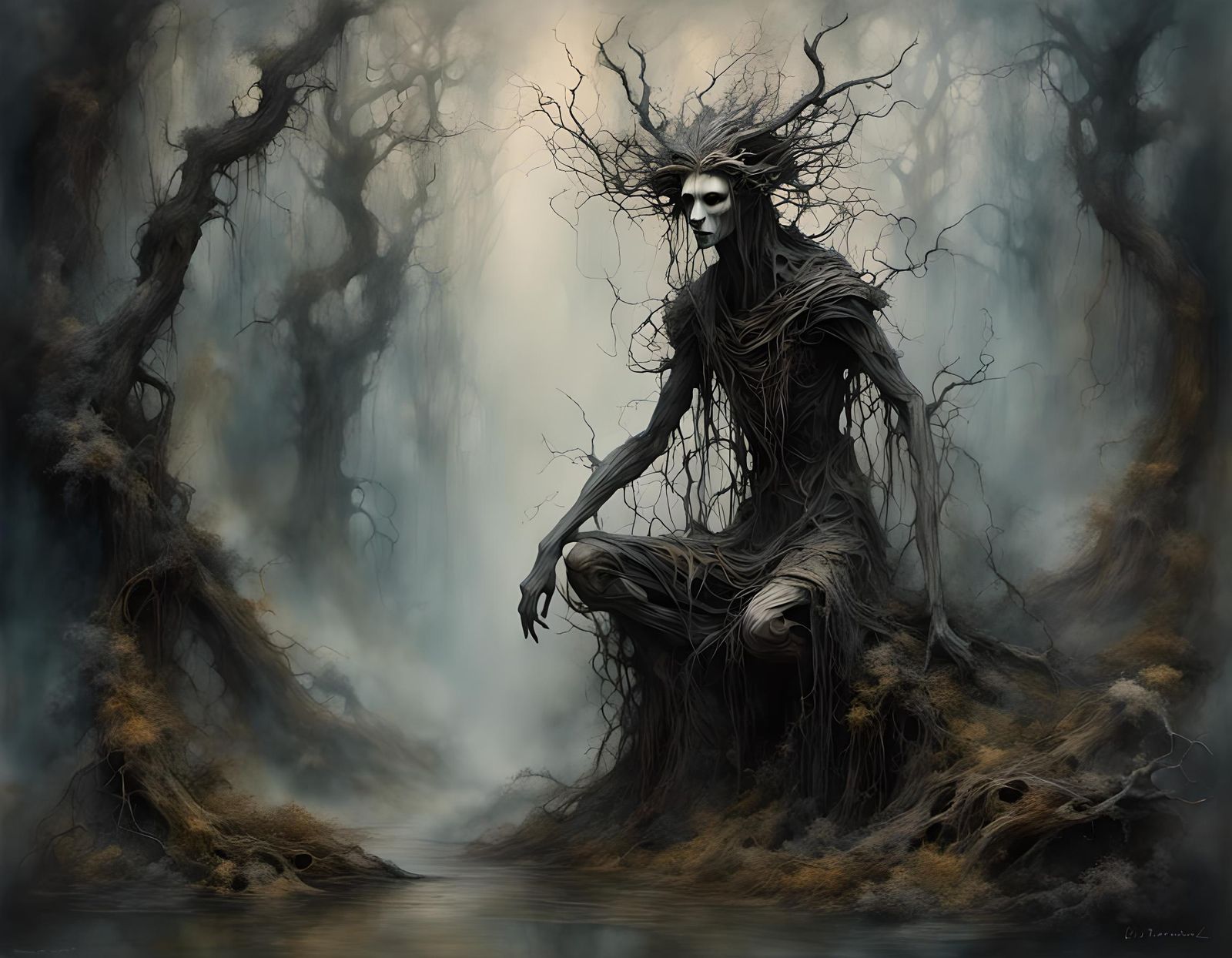 Eerie Fae Creature in Misty Enchanted Forest