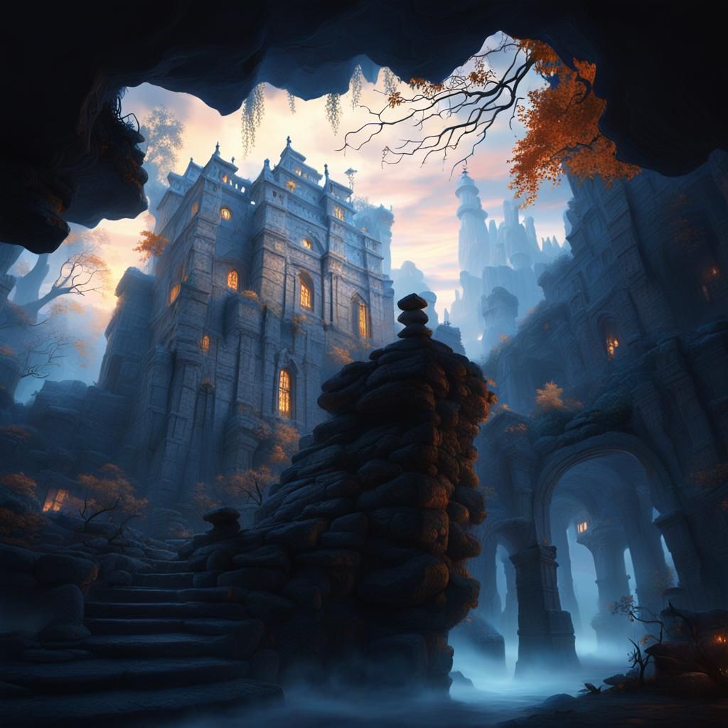 Romantic Fantasy Landscape at Sunset: Matte Painting