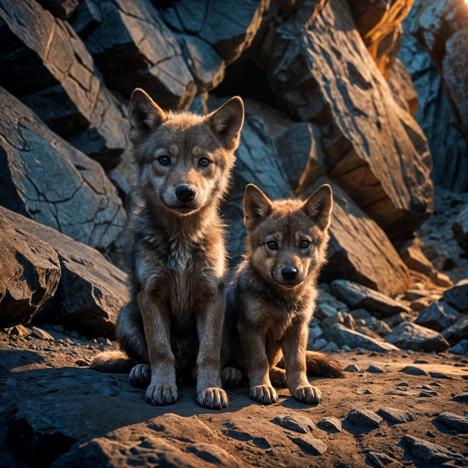 Wolf Pup in Cave with Dramatic Lighting