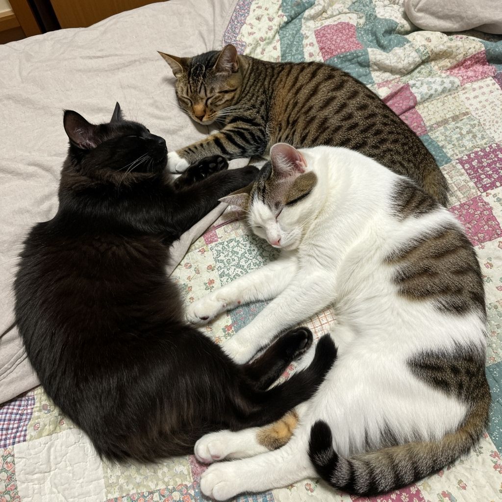 Three cats - one black long haired, one brown tabby, and one...