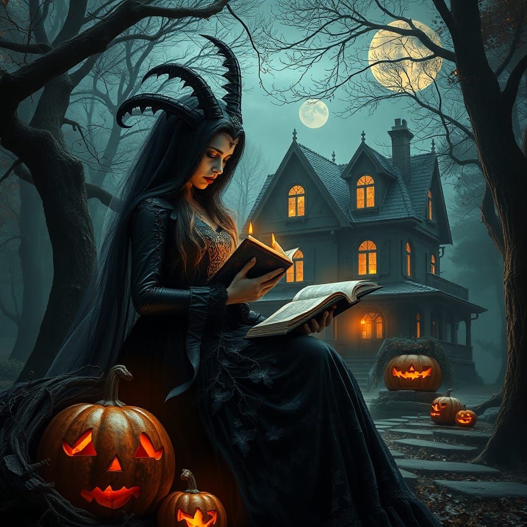 Gothic Victorian Woman in Halloween Enchanted Forest