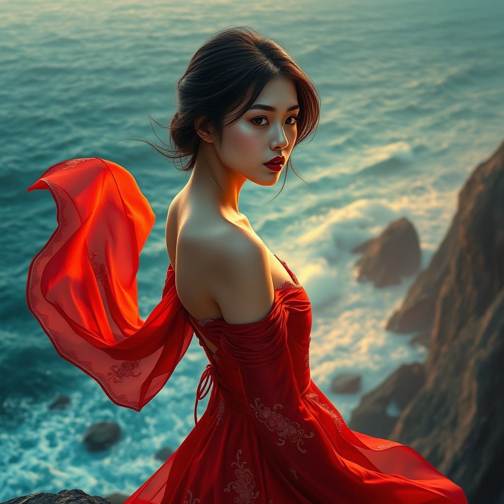 Ethereal Asian Goddess Amidst Turbulent Waves