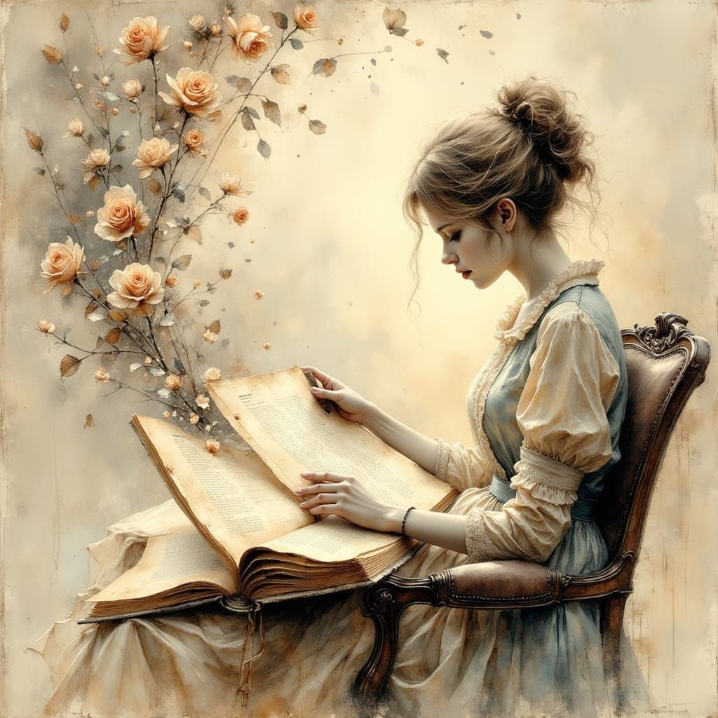 Surreal Pencil Drawing of Woman Reading Magical Book