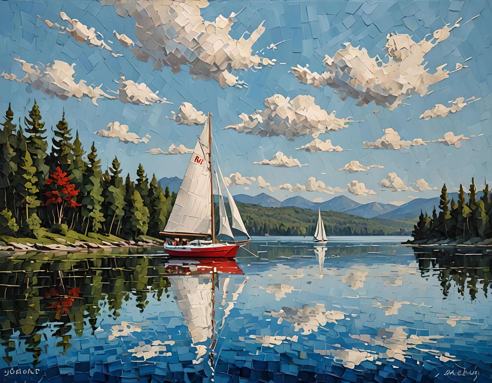 Red Sailboat on Blue Lake in Impasto Oil
