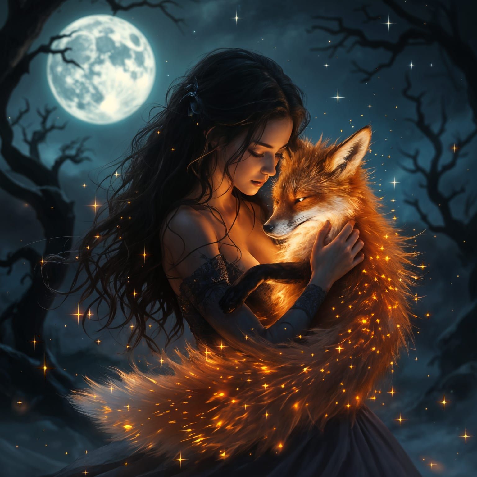 Moonlit Princess and Fox in Vibrant Fantasy Style