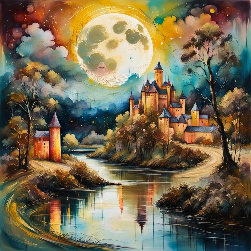 Enchanted River Village Landscape in Impressionist Style