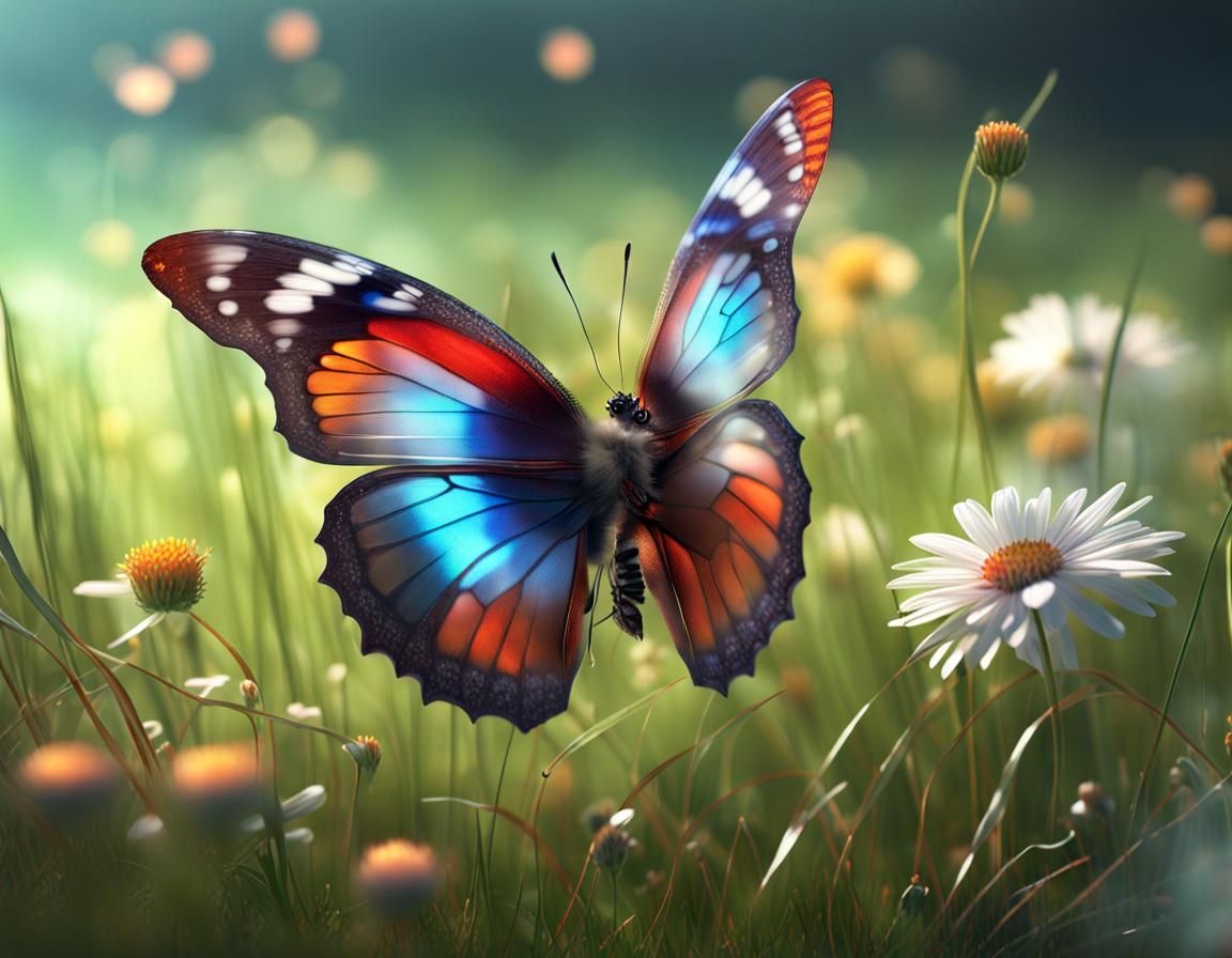 Glass Wing Butterfly 3D Render with Floral Elements