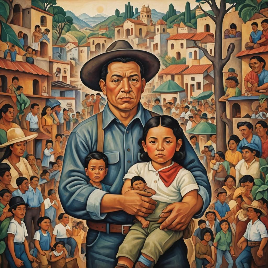 Father and Child in Mexican Village, Diego Rivera Style