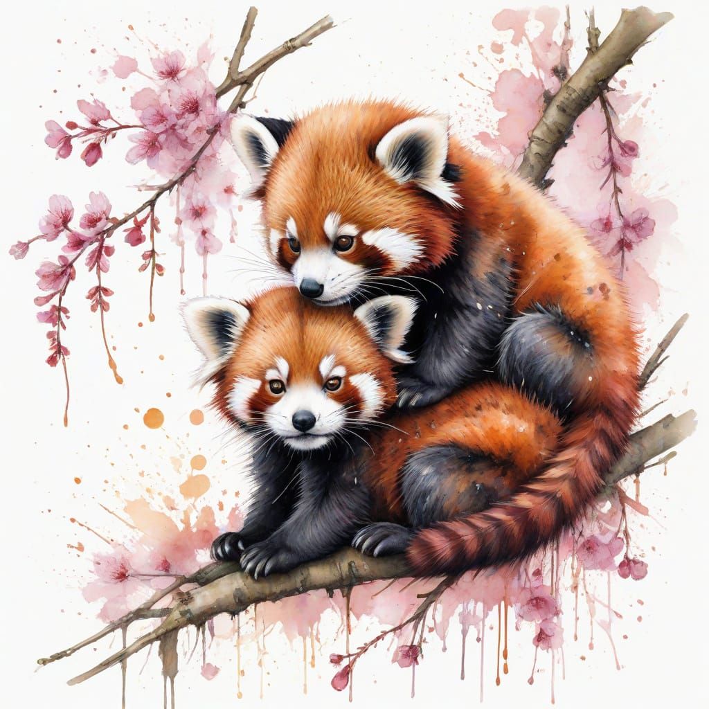 Red Panda Cubs Play in Blossoms, Watercolour Ink Style