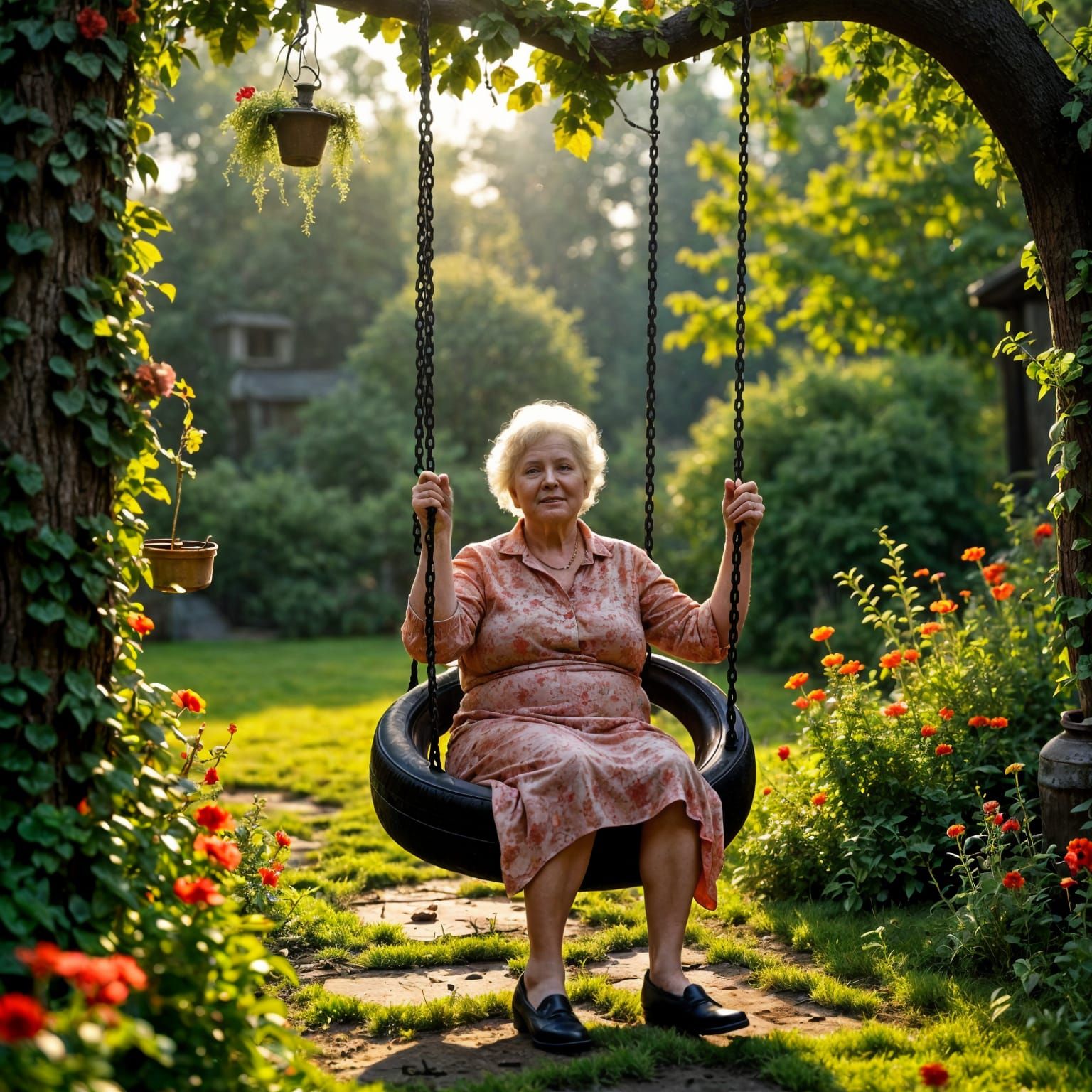 Elegant Elderly Woman Swings on a Weathered Tire Swing