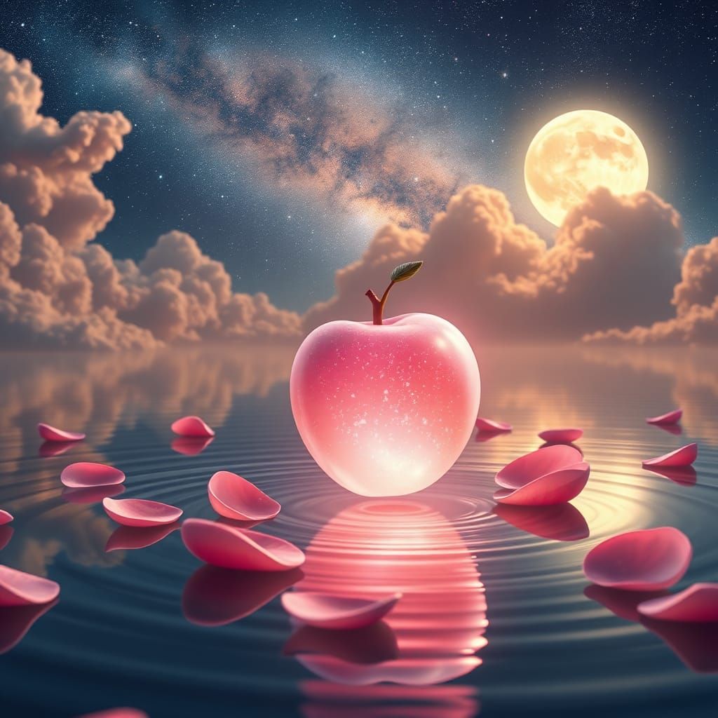Crystalline Apple Floating in Moonlit Galaxy: 3D Anime Art