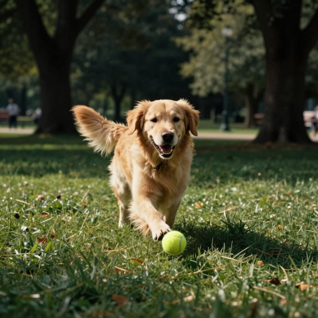 Golden Retriever Plays with Tennis Ball in Sunlit Park