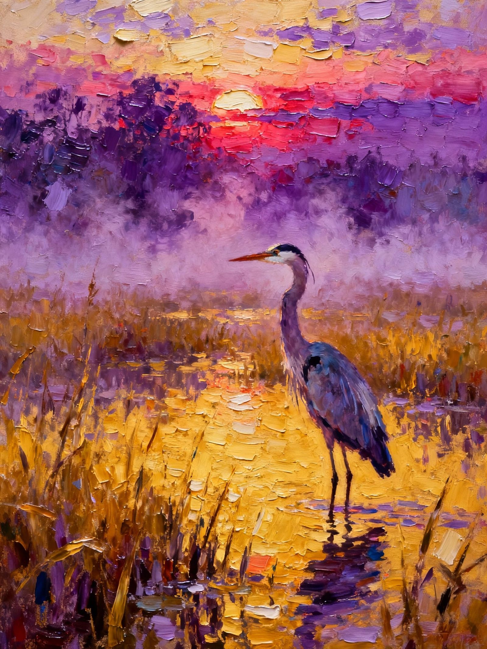 Heron in Marsh at Sunset Impasto Painting