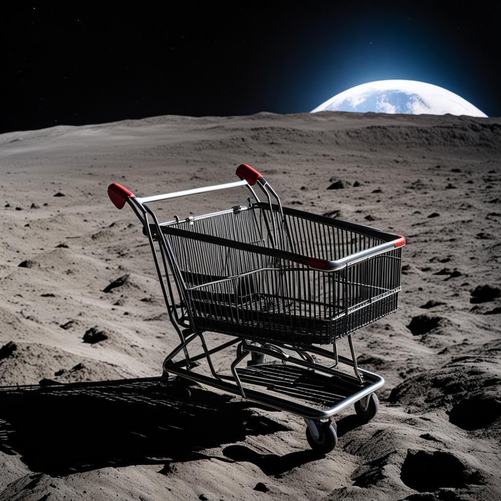 Discarded Empty Shopping trolley on the moon. Earth-rise seen in the distance. Professional photography, natural lightin...