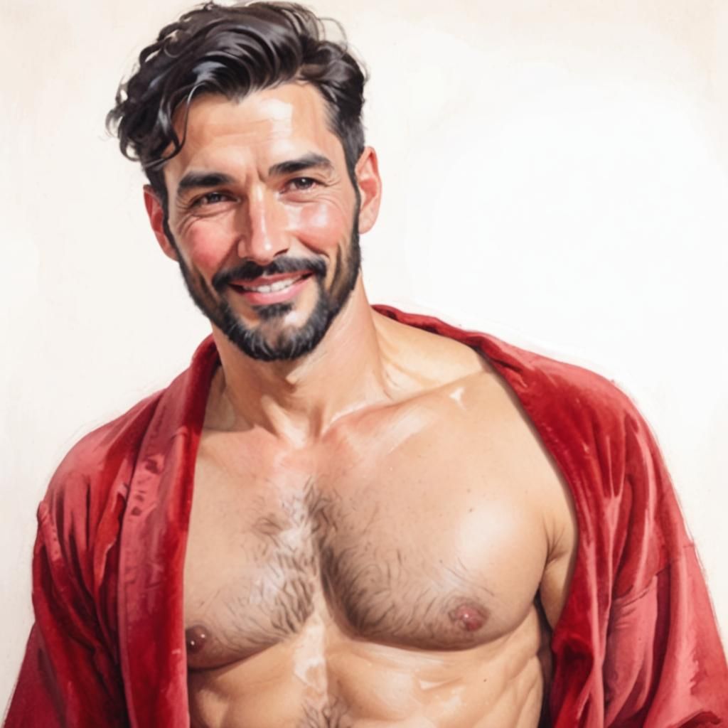 Elegant Man in Red Velvet Bathrobe as Oil Painting