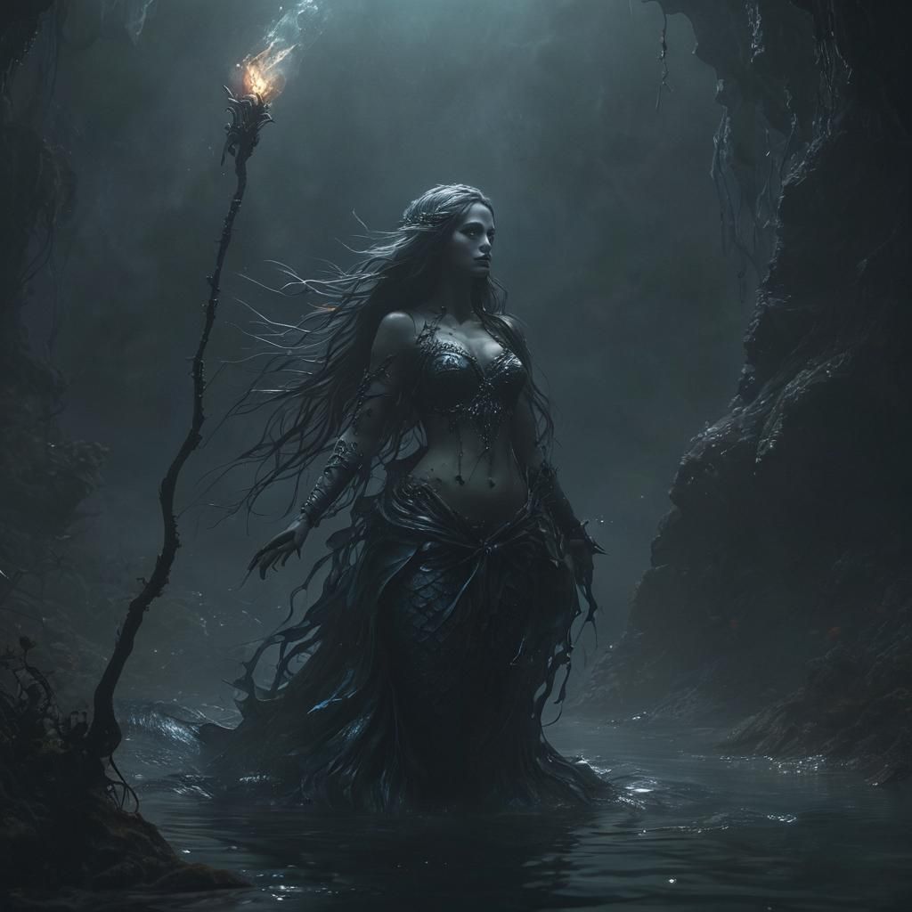 Gothic Mermaid in Dark Abyss: Fantasy Illustration