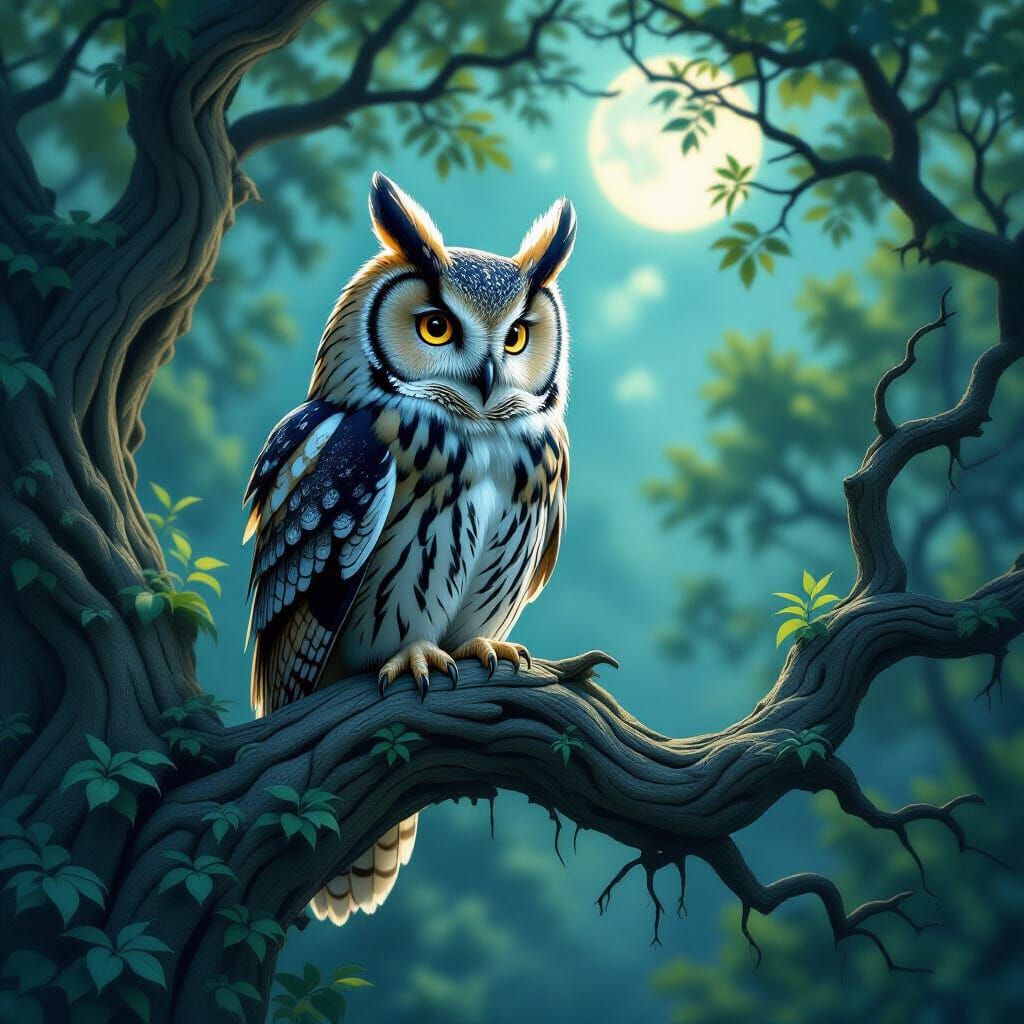 Wise Owl in Moonlit Grove - Ultra-Realistic Fantasy Art