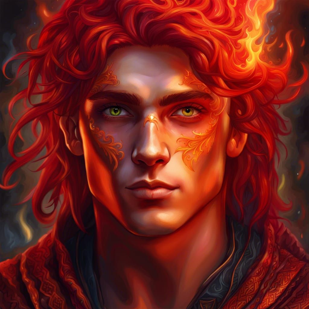 Fire Elf Mage Portrait in Hyperdetailed Fantasy Art