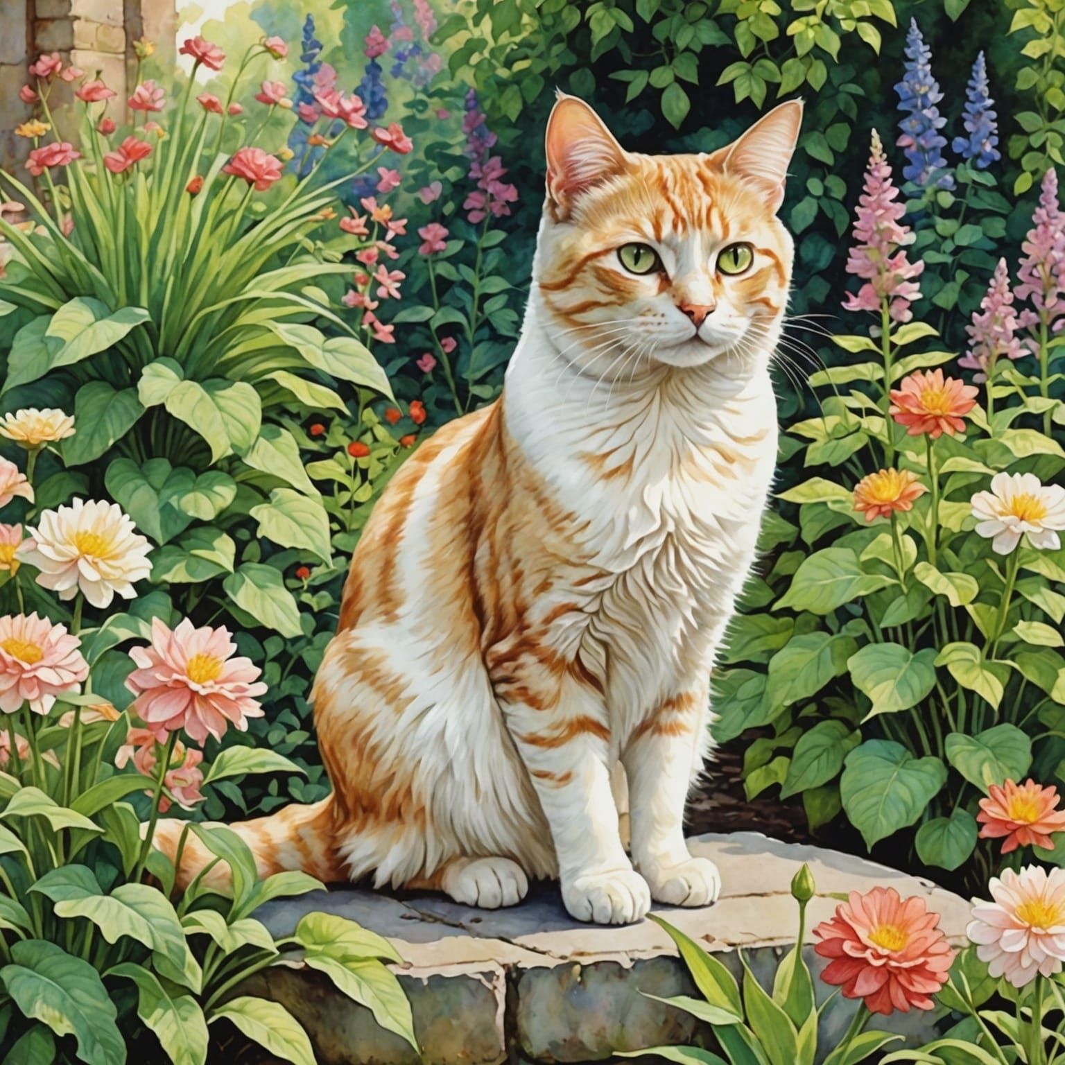 Pale Cream Tabby Cat in Garden, Anime Watercolor
