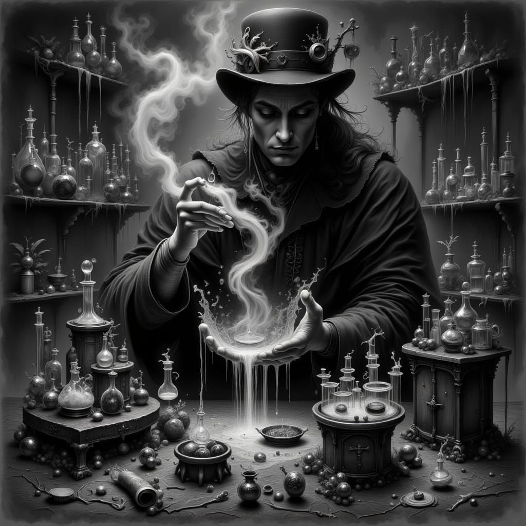 Gothic Alchemist Brews Fading Potion in Charcoal Style