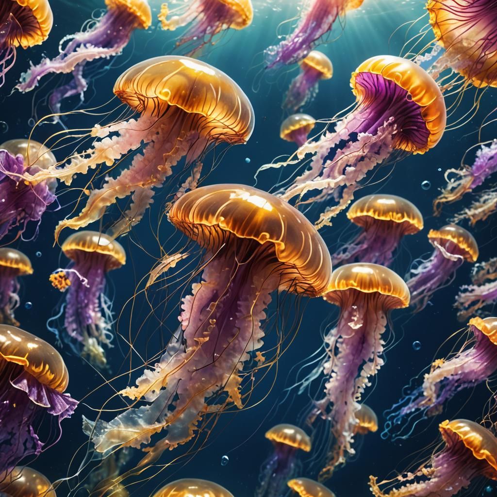 Colorful Jellyfish in Dark Blue Waters