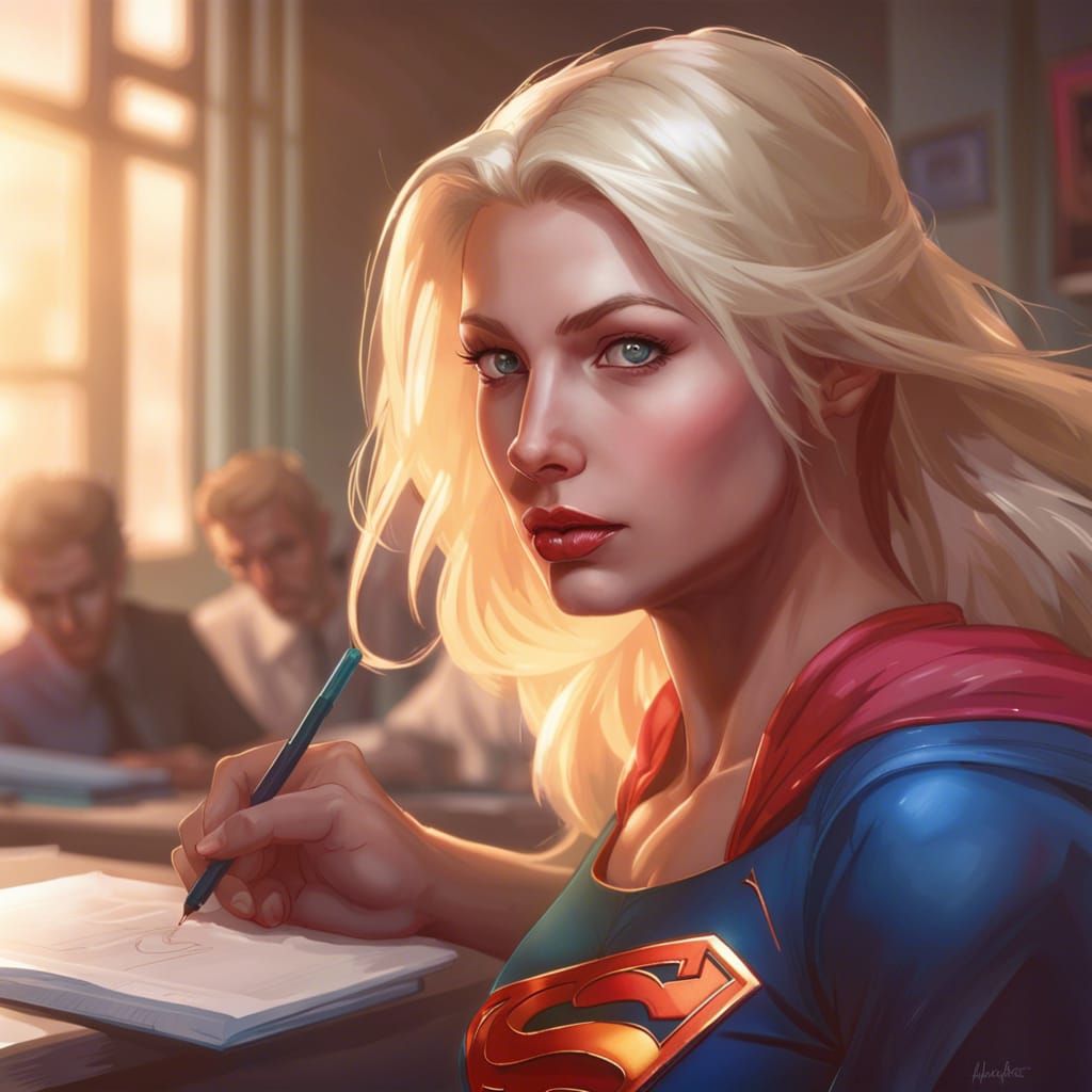 Detailed Portrait of Supergirl Taking a Test
