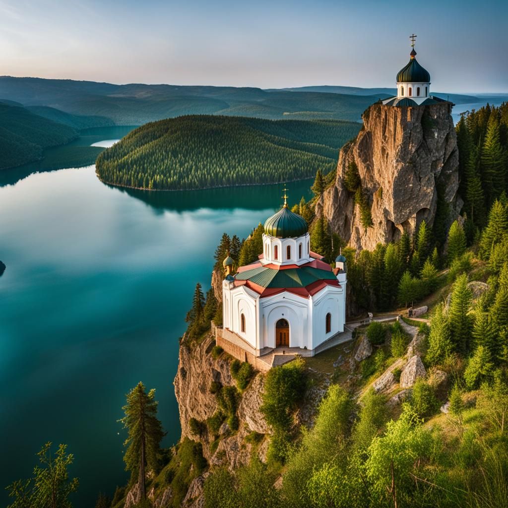 Picturesque Orthodox Church Overlooking a Tranquil Lake