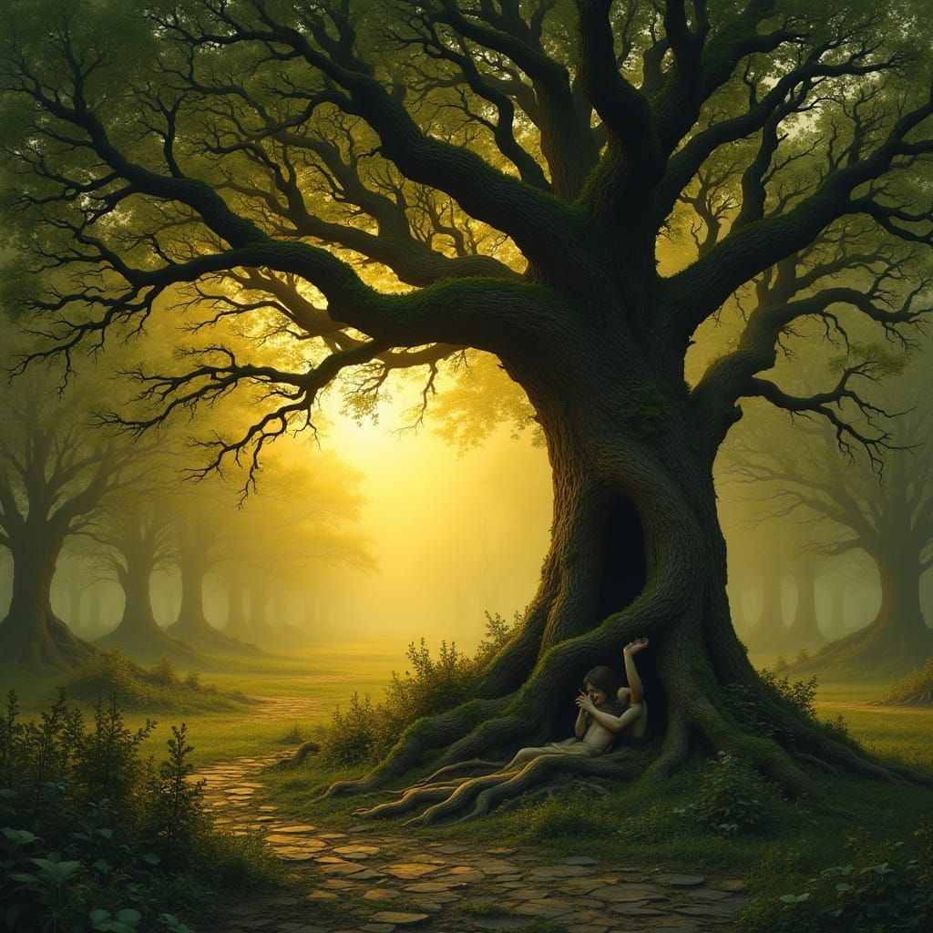 Dryad Emerges in Ancient Oak Forest