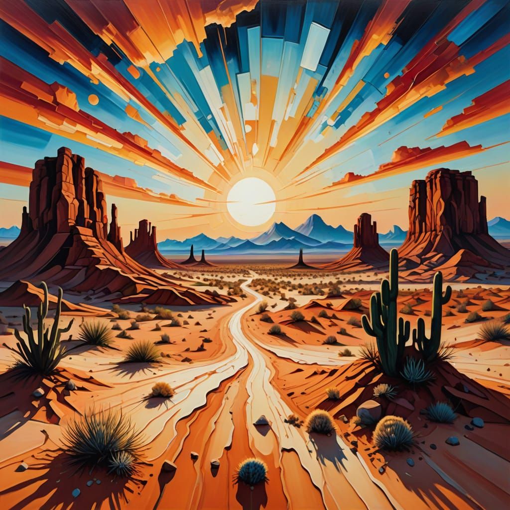 Surrealist oil painting. Wide angle shot. A stylized depicti...