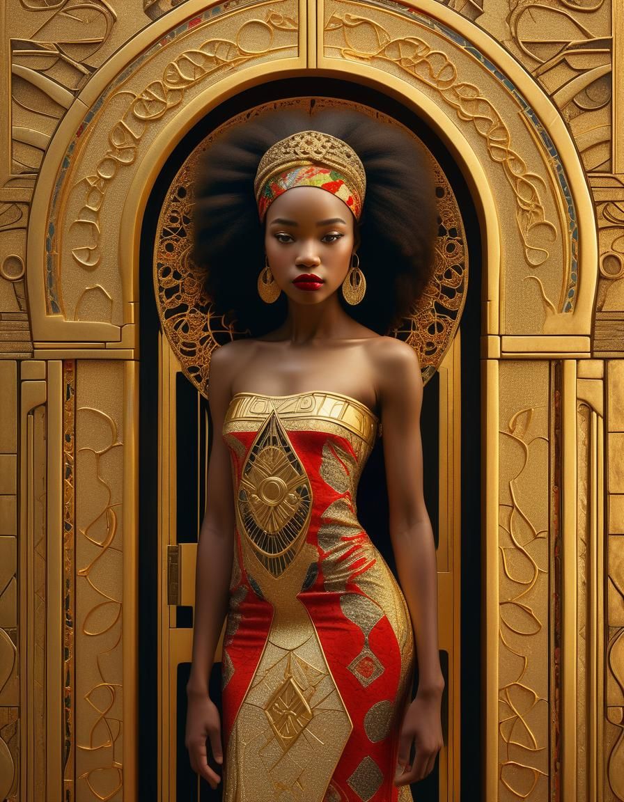 African Princess with Golden Portal in Art Nouveau Style