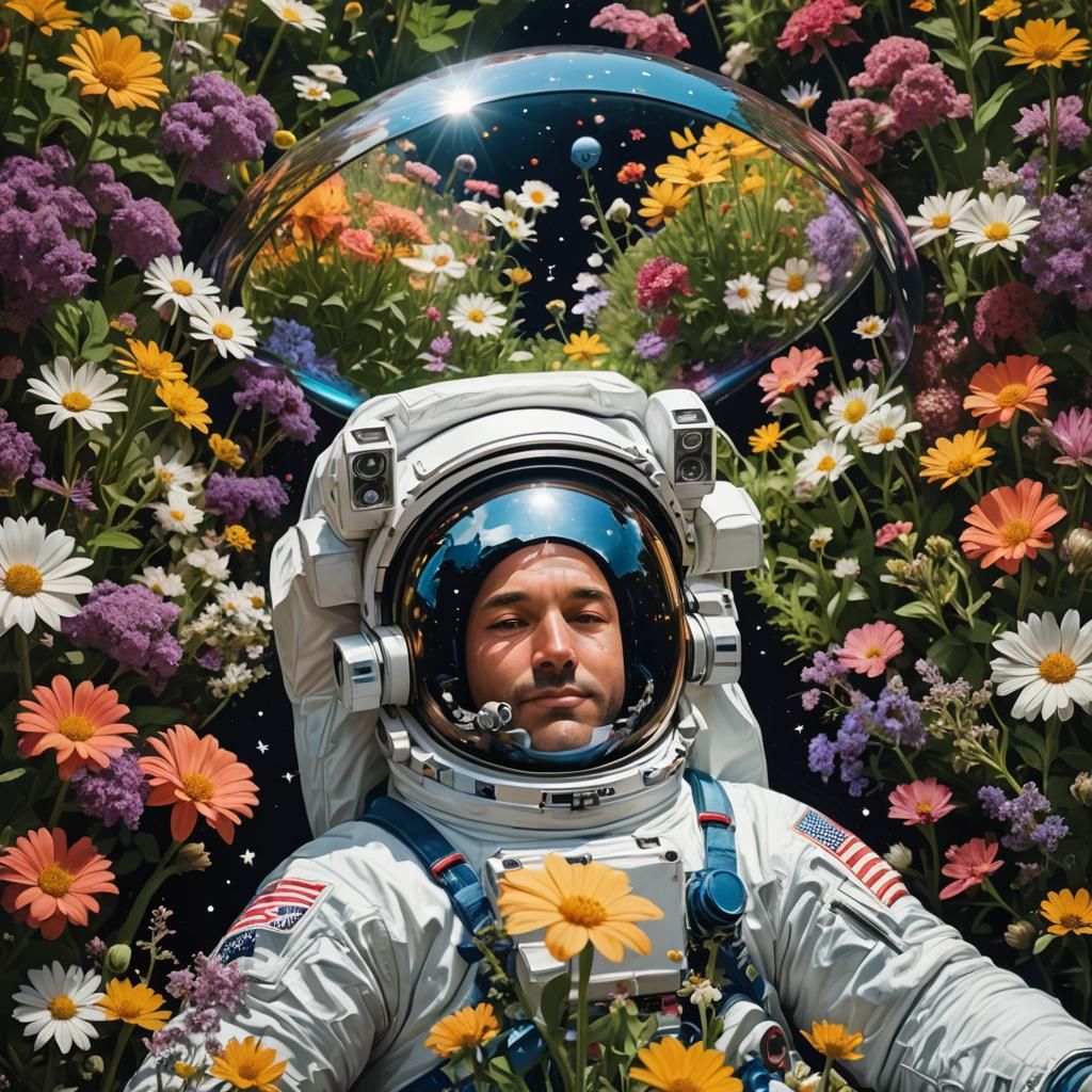 Astronaut in Flower Garden Reflecting Universe
