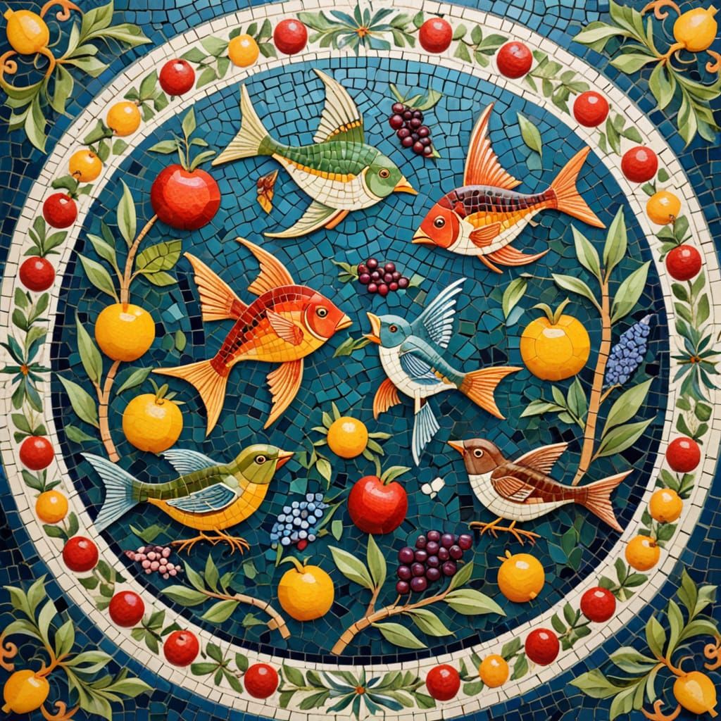 Mosaic Organic Composition, Roman mosaic, birds fish fruit, intricate, vivid