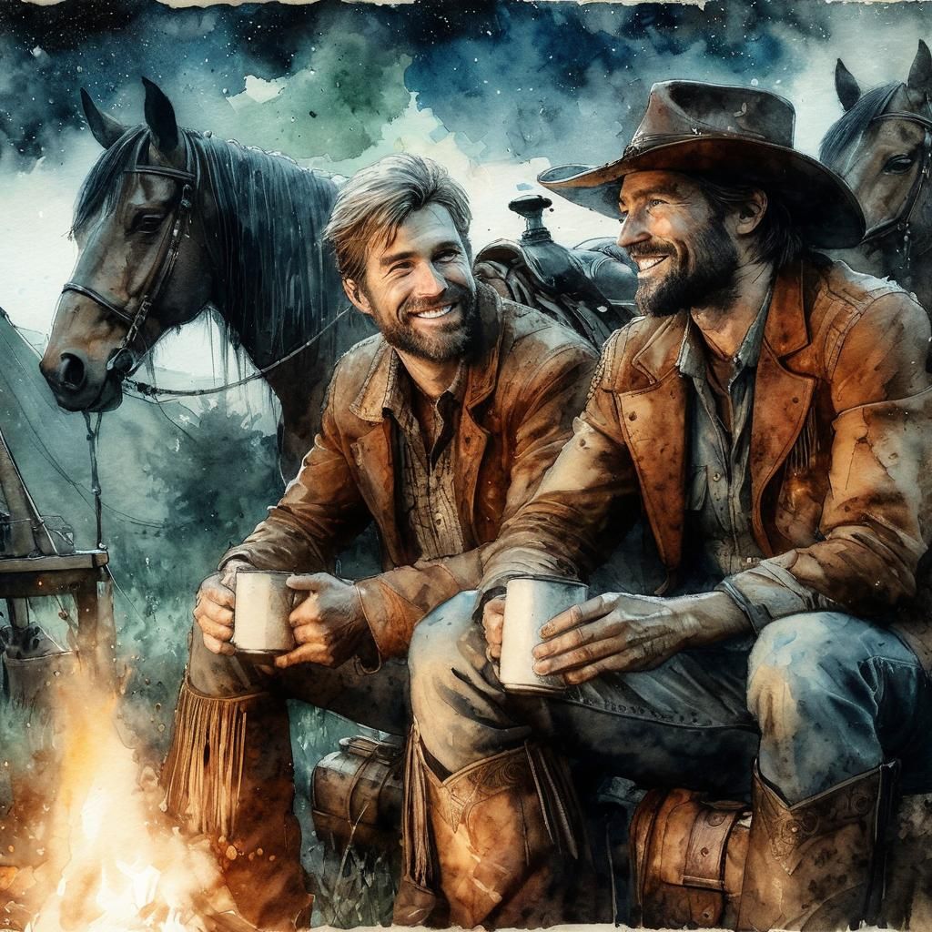 Cowboys Relaxing by Campfire in Watercolor Style