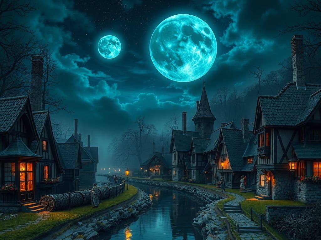 Mystical Medieval Village Under Surreal Night Sky