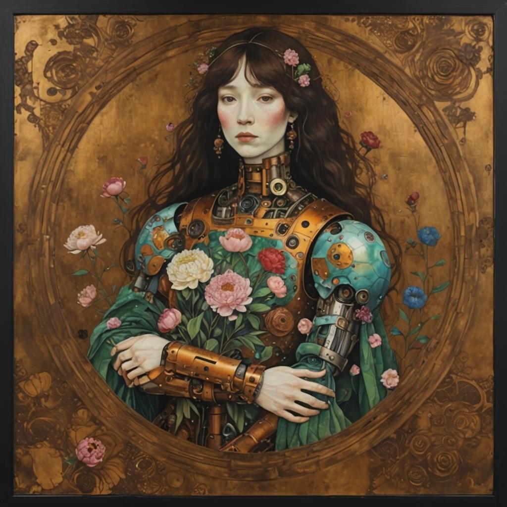 Art Nouveau Robot with Peonies in Alcohol Ink