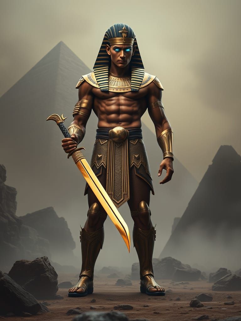 Egyptian Warrior in Golden Armor Stands Majestically in Dese...