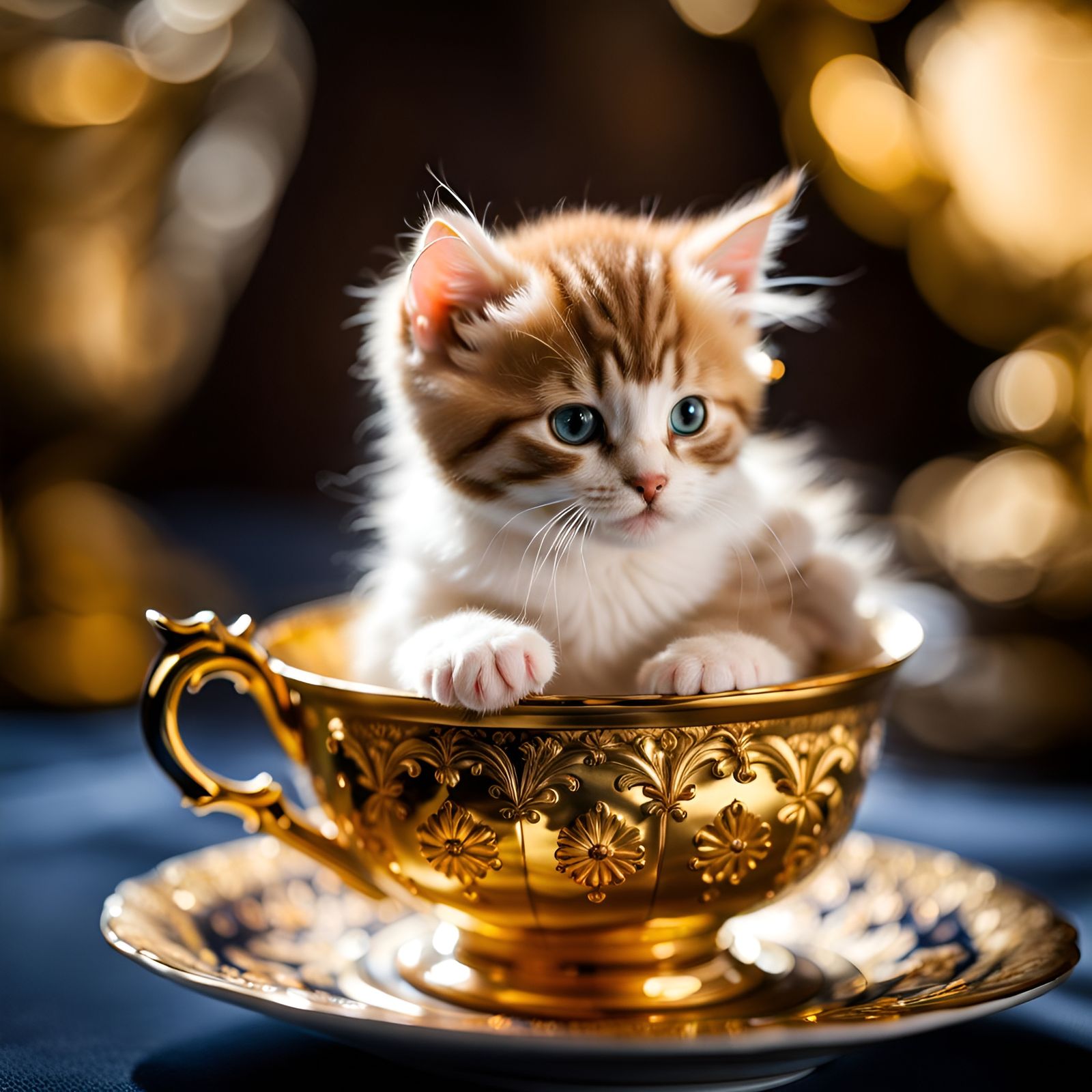 Macro Photograph of Kitten in Gilt Teacup