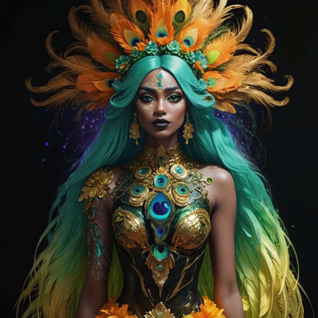 Metallic Woman with Peacock Feathers, 3D Digital Art