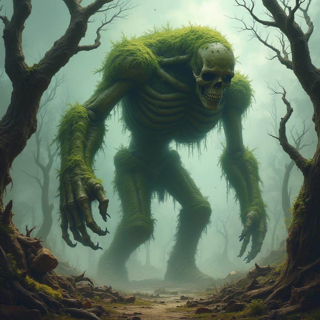 Ethereal Bone Golem Stands Amidst Desolate Battlefield