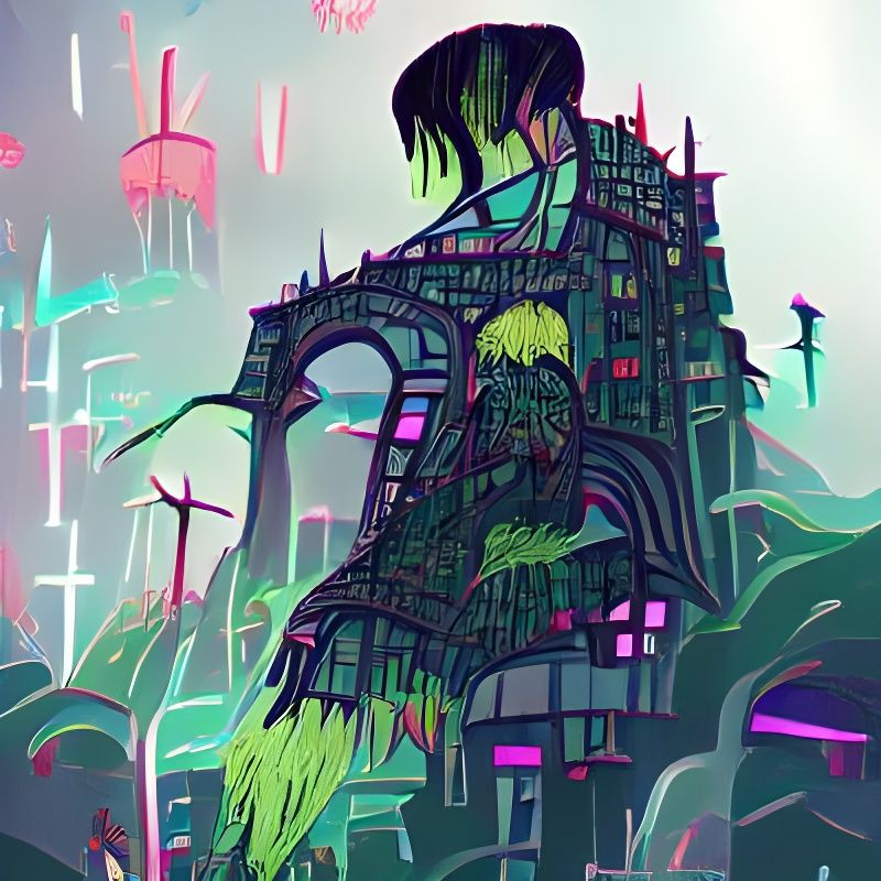 Neon Cyberpunk Cityscape with Psychedelic Castle