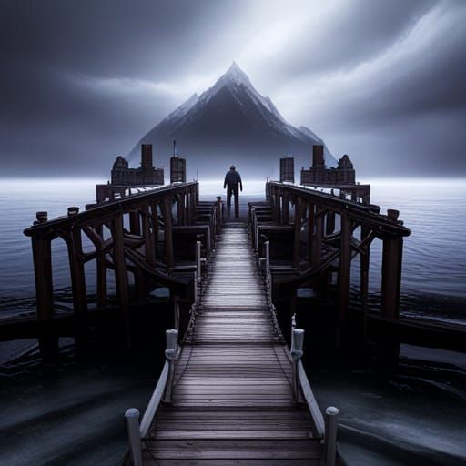 Ominous Man on Pier: Detailed Fantasy Art