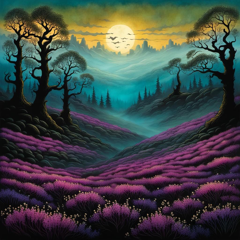 Blooming Heather in Morning Mist, Graphic Novel Art